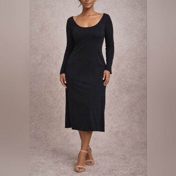 White + Warren Dresses & Skirts - White + Warren Black Scoop Neck Long Sleeve Midi Dress Size Small